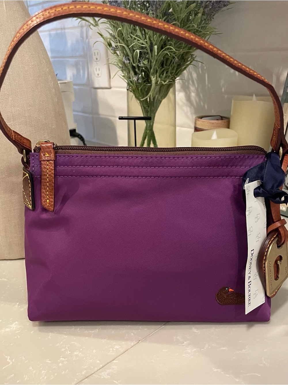 Dooney & Bourke Purple Nylon Shoulder Bag with Brown Leather Trim